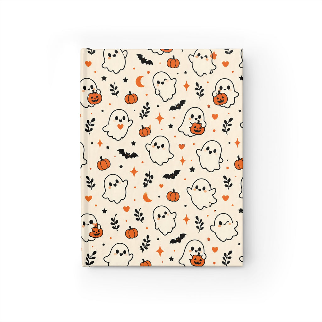 Ditsy Ghost journal with cute kawaii ghosts holding jack-o'-lanterns, orange pumpkins, black bats, hearts, moons and stars on a cream hardcover