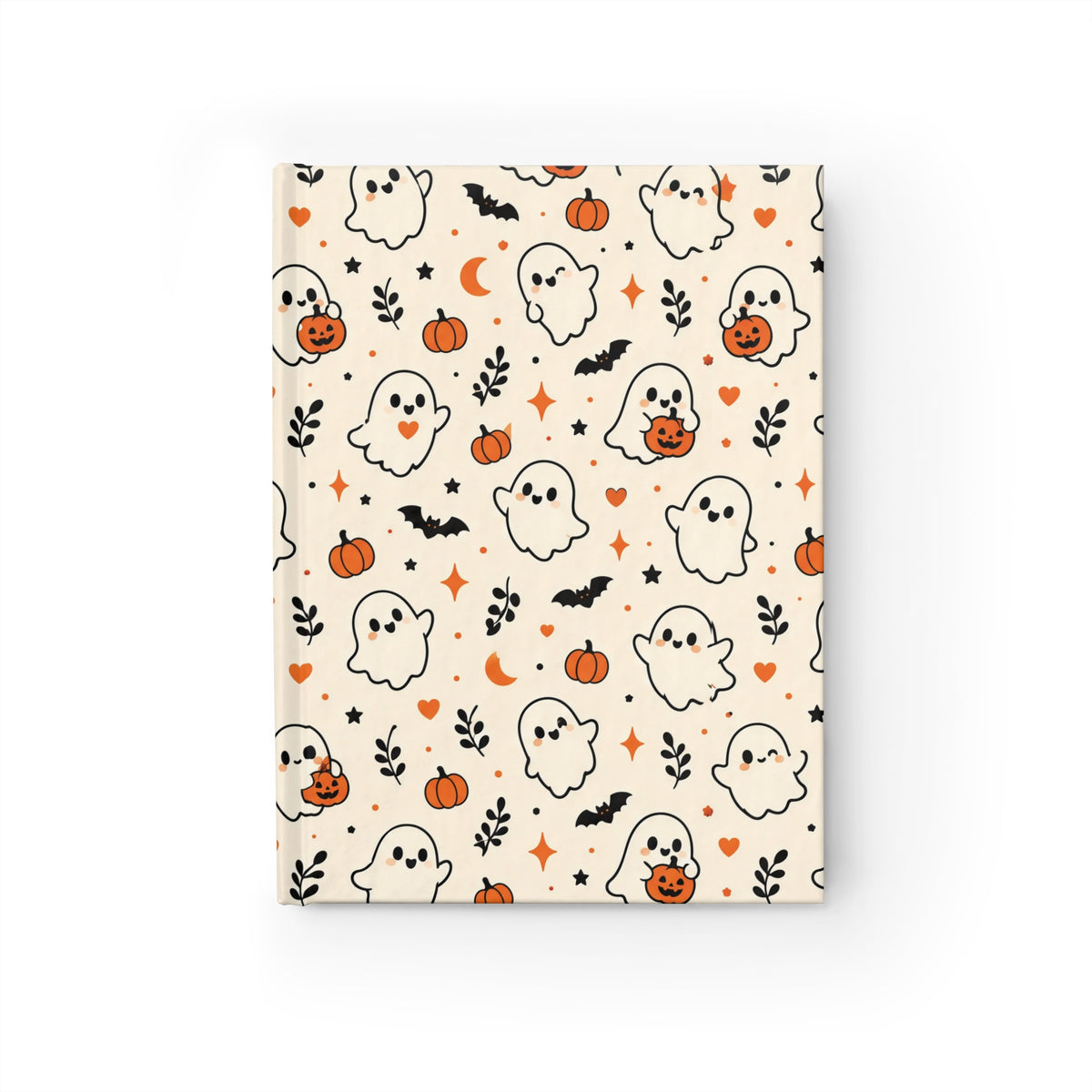 Ditsy Ghost journal with cute kawaii ghosts holding jack-o'-lanterns, orange pumpkins, black bats, hearts, moons and stars on a cream hardcover