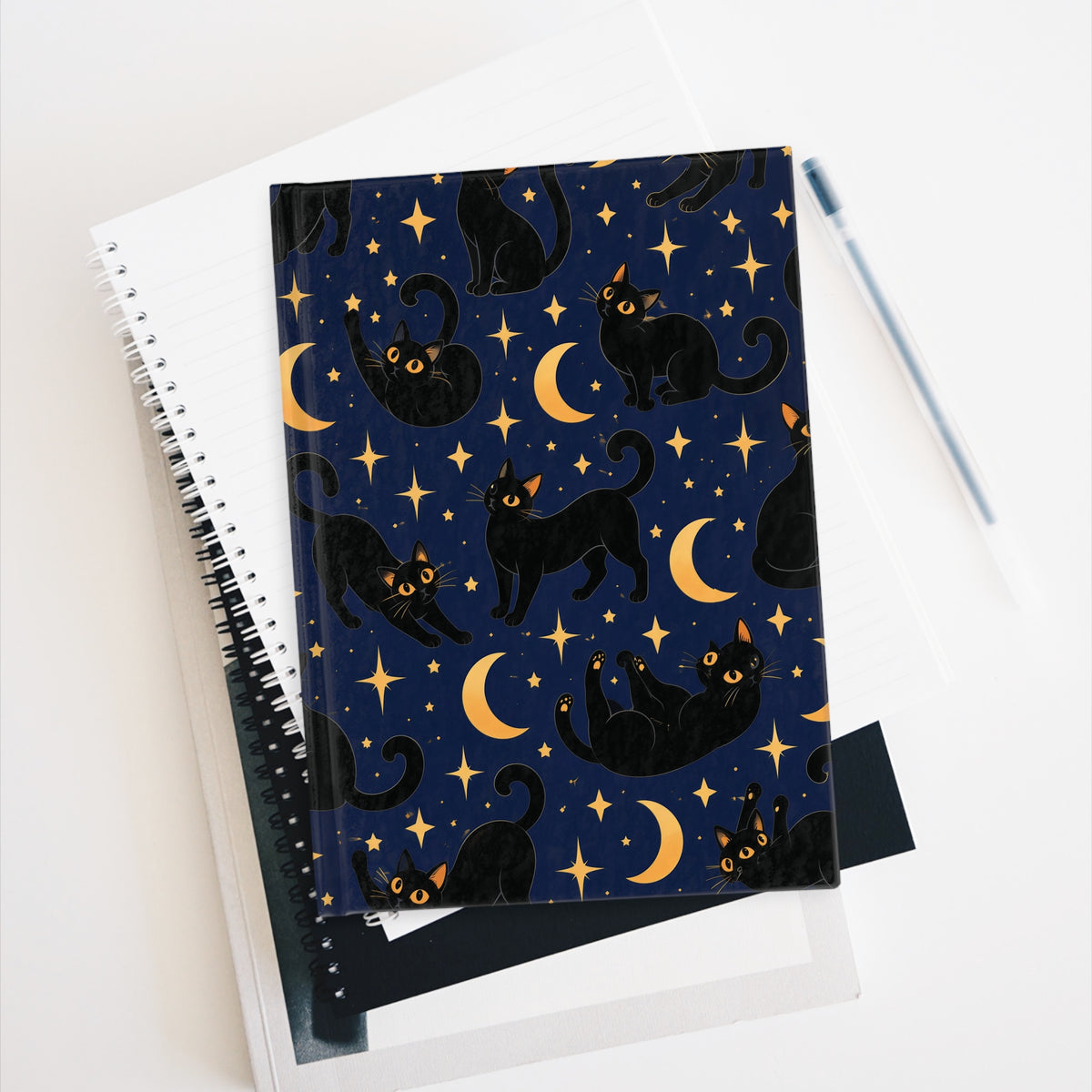 Cats and Moon midnight-blue celestial journal, 5x7 ruled hardcover notebook — photo 6