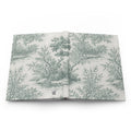 Full wraparound cover of the green Toile de Jouy journal showing the forest landscape front and back