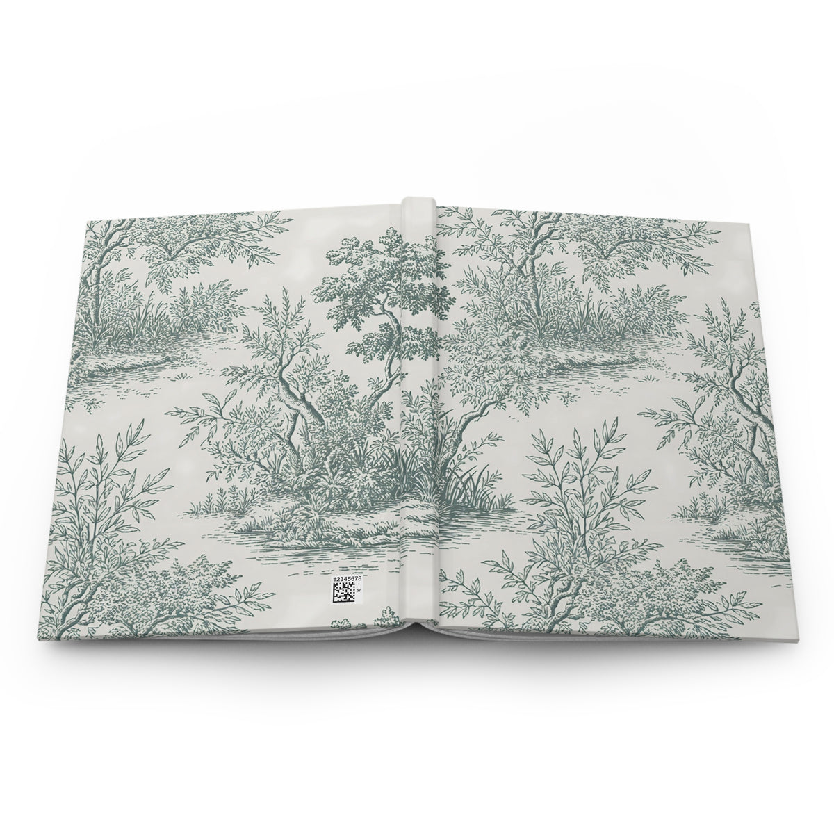 Full wraparound cover of the green Toile de Jouy journal showing the forest landscape front and back