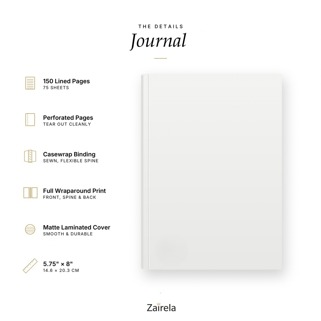 Journal details: 150 lined pages (75 sheets), perforated pages that tear out cleanly, casewrap binding with a sewn flexible spine, full wraparound print, matte laminated cover, 5.75 x 8 inches