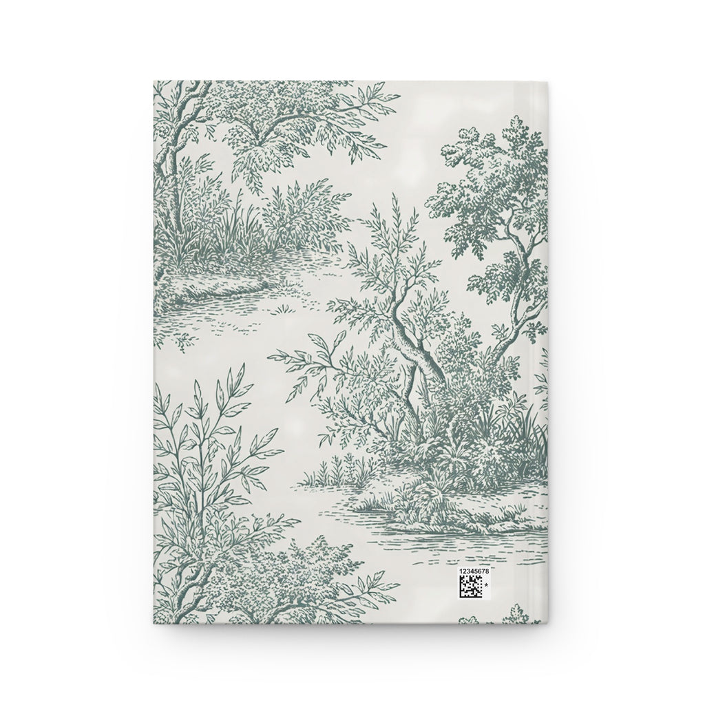 Back cover of the green Toile de Jouy journal with trees, ferns and reeds