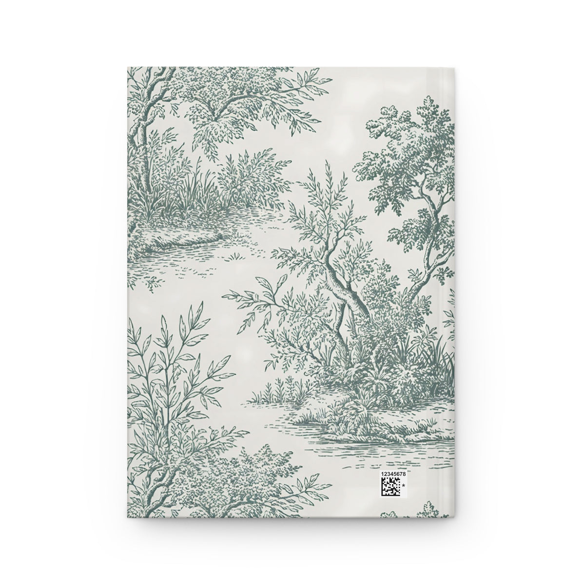 Back cover of the green Toile de Jouy journal with trees, ferns and reeds