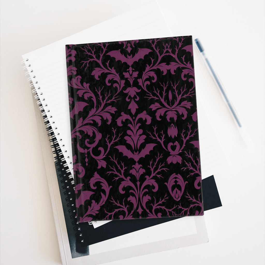 Gothic Damask with Bats black and plum journal, 5x7 ruled dark academia notebook — photo 8
