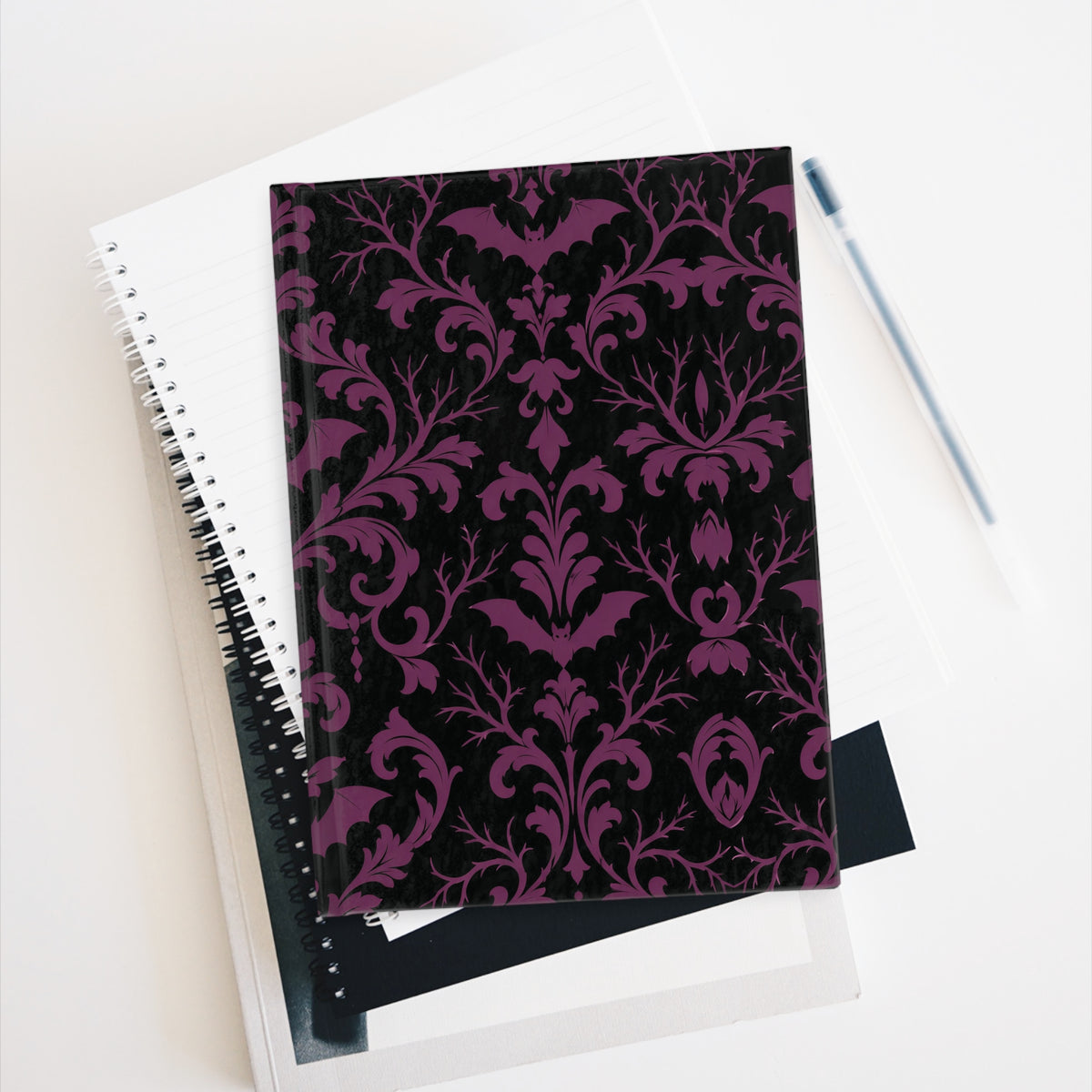 Gothic Damask with Bats black and plum journal, 5x7 ruled dark academia notebook — photo 8