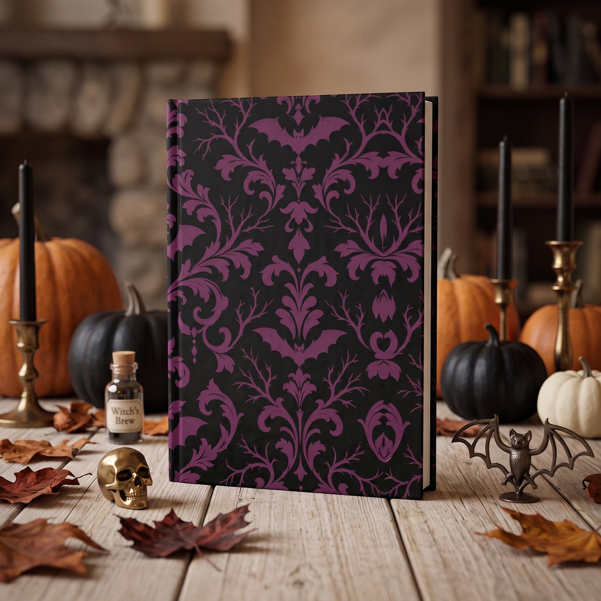 Gothic Damask with Bats black and plum journal, 5x7 ruled dark academia notebook — photo 2