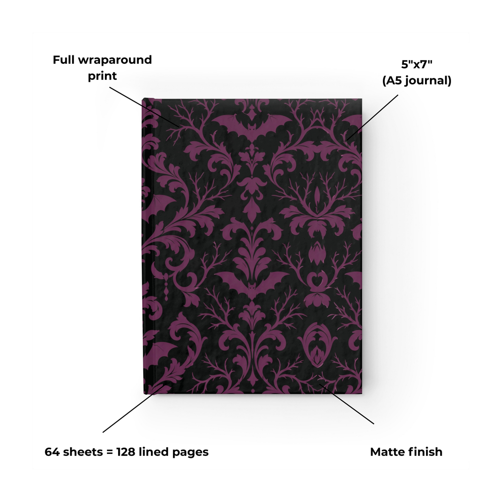 Gothic Damask with Bats black and plum journal, 5x7 ruled dark academia notebook — photo 7