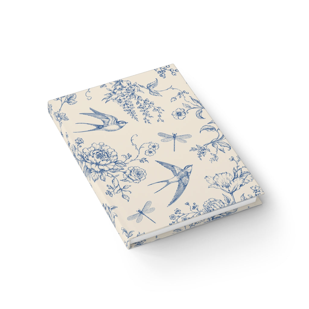 Blue and cream Toile de Jouy hardcover journal lying at an angle, compact 5x7 size