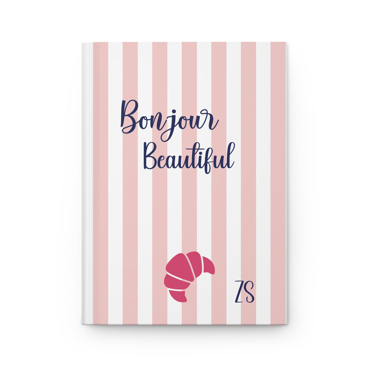 Bonjour Beautiful journal with pink and white stripes, black script lettering, a red croissant and custom initials