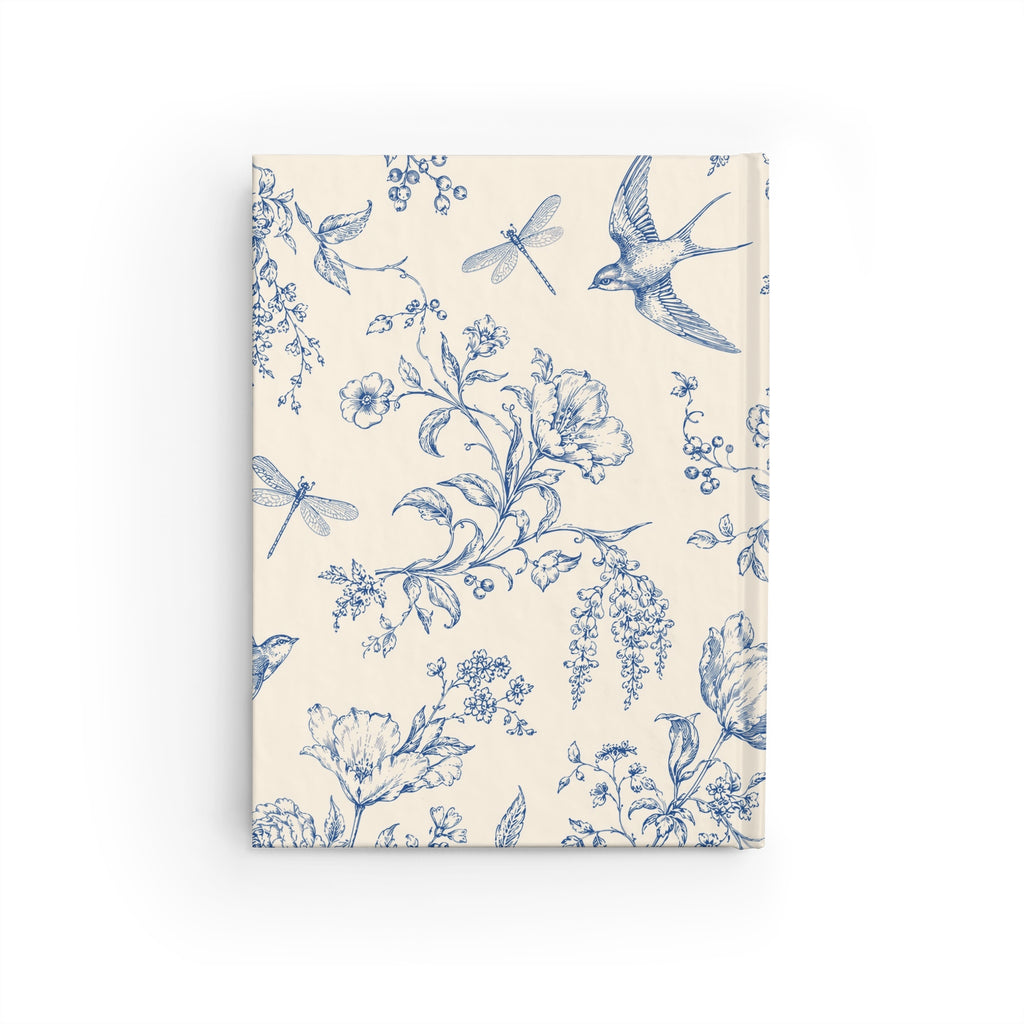 Back cover of the Toile de Jouy journal with blue swallows and botanical pattern