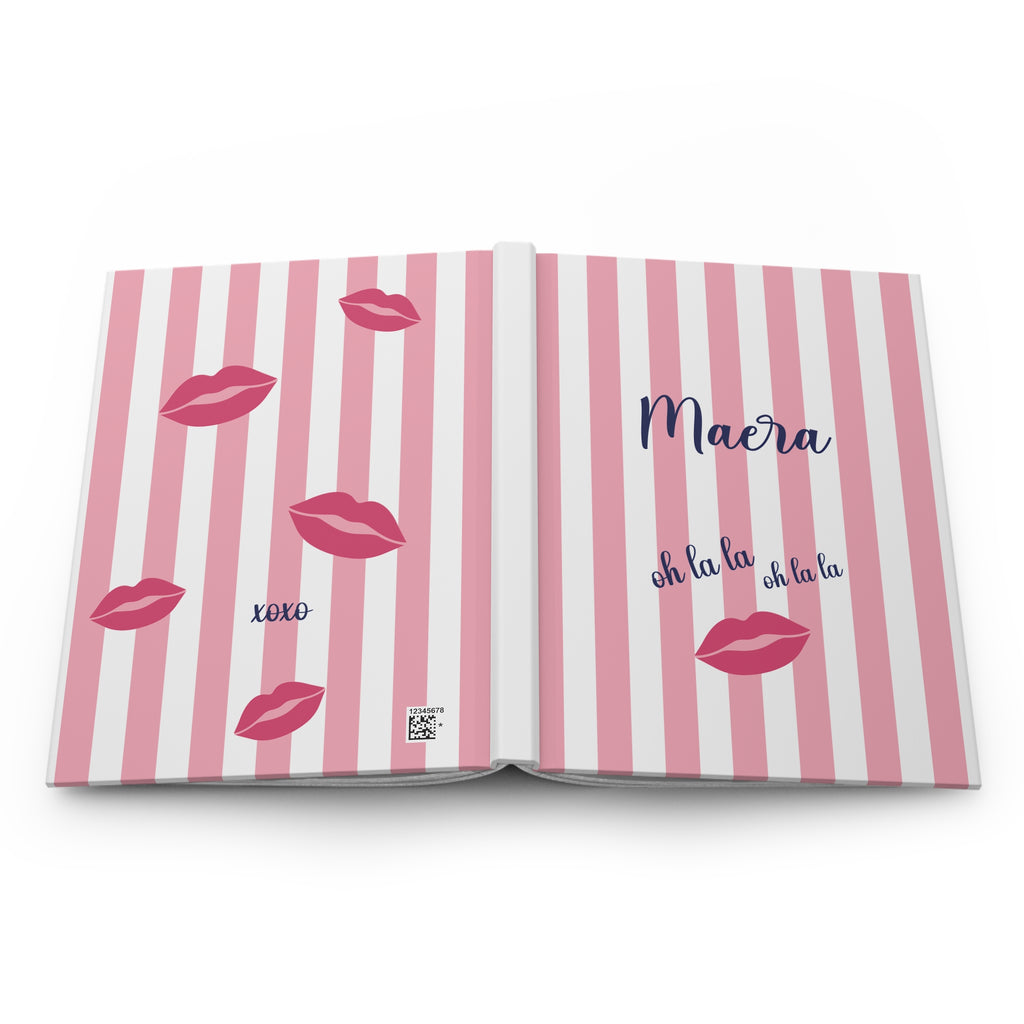 Full wraparound cover of the Oh La La journal: pink stripes with red lips on the back and the name on the front