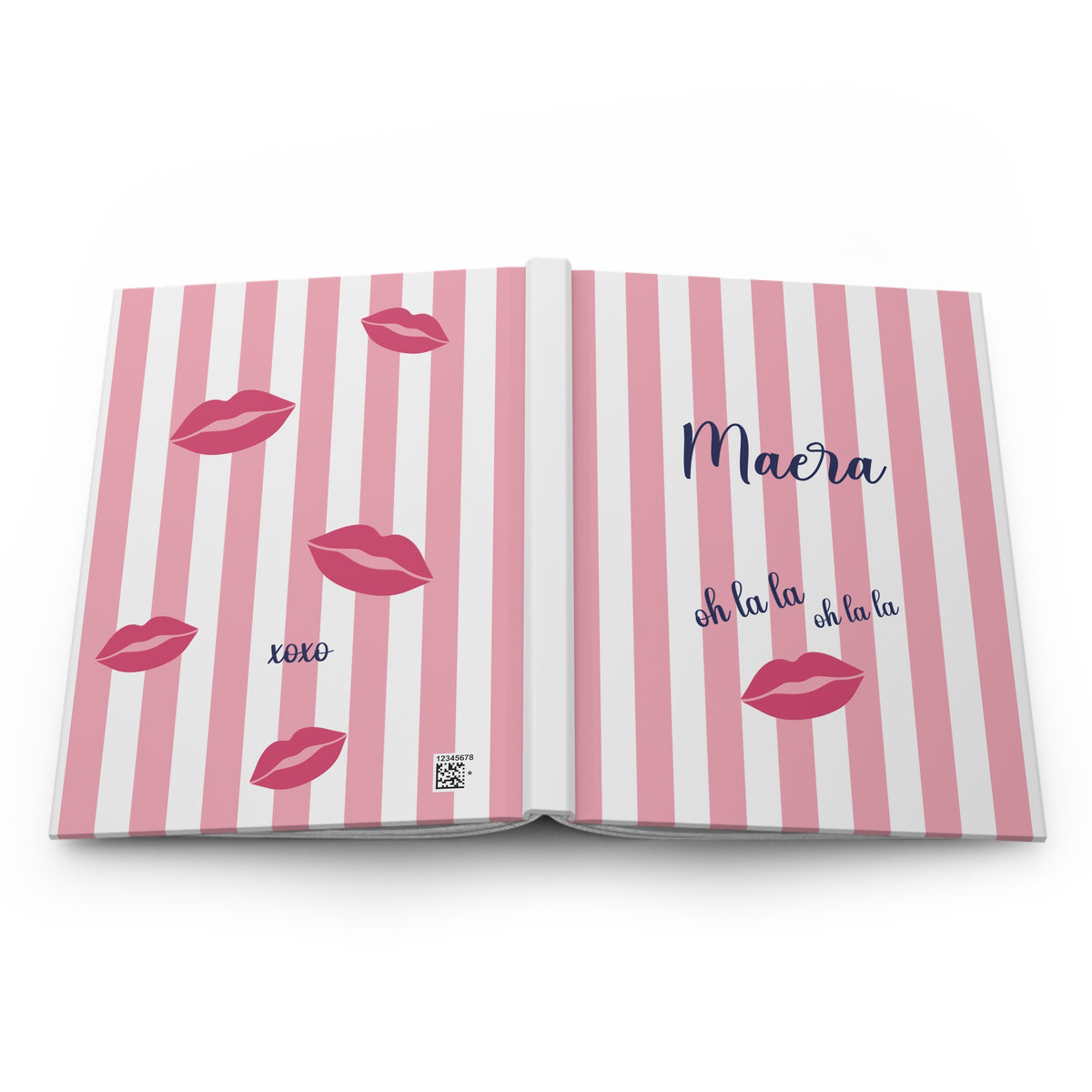 Full wraparound cover of the Oh La La journal: pink stripes with red lips on the back and the name on the front