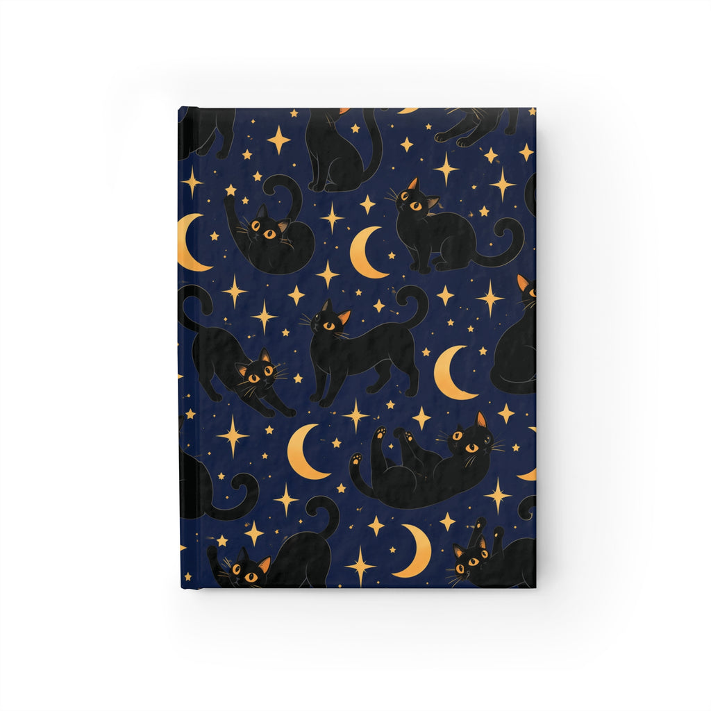 Cats and Moon lined journal with black cats, golden crescent moons and stars on a midnight-blue hardcover