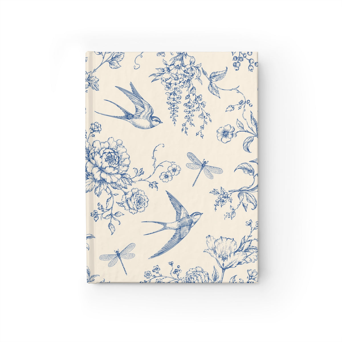 Toile de Jouy journal with blue swallows, dragonflies, peonies, roses and wisteria on a cream hardcover