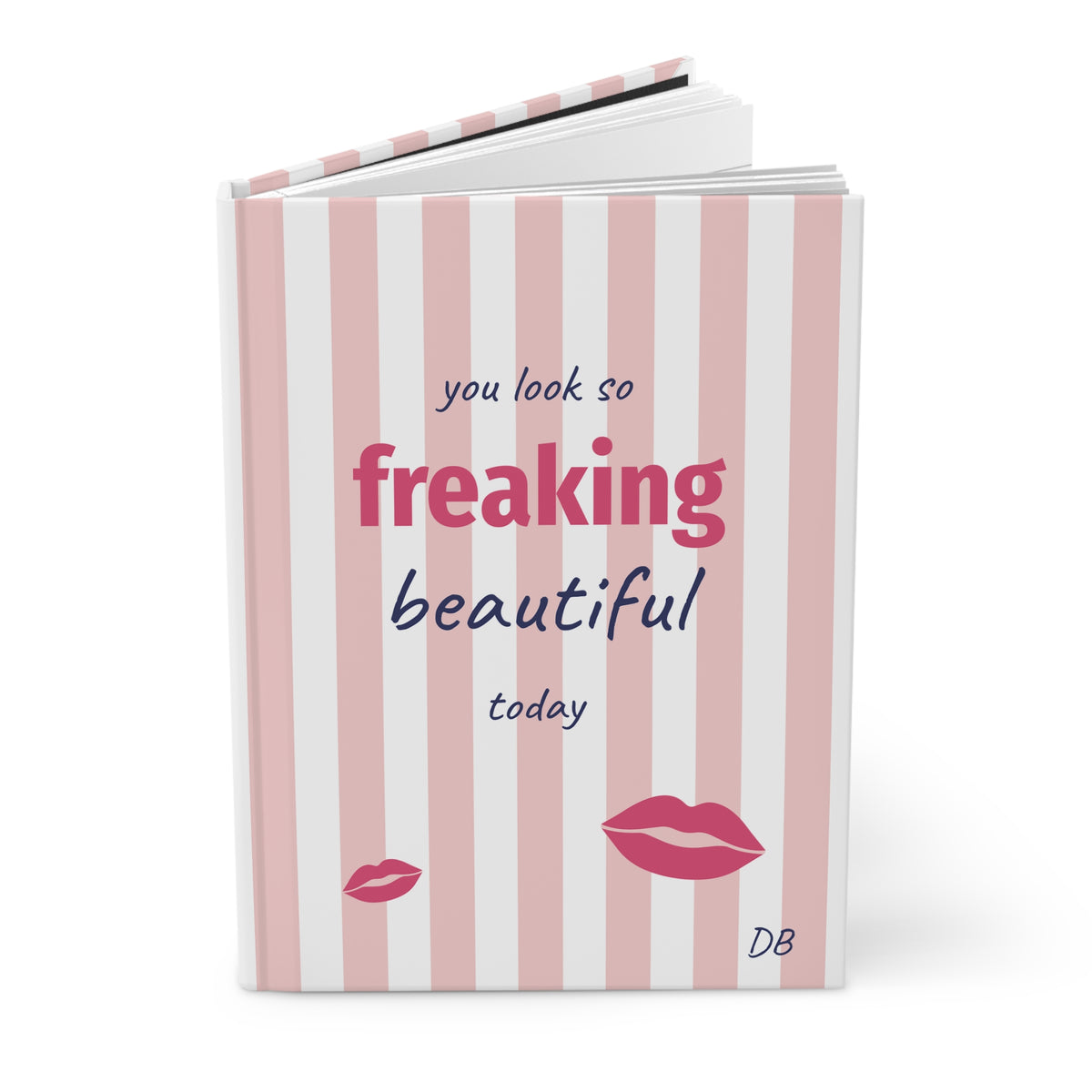 Freaking Beautiful pink striped hardcover journal standing upright with red lips and initials