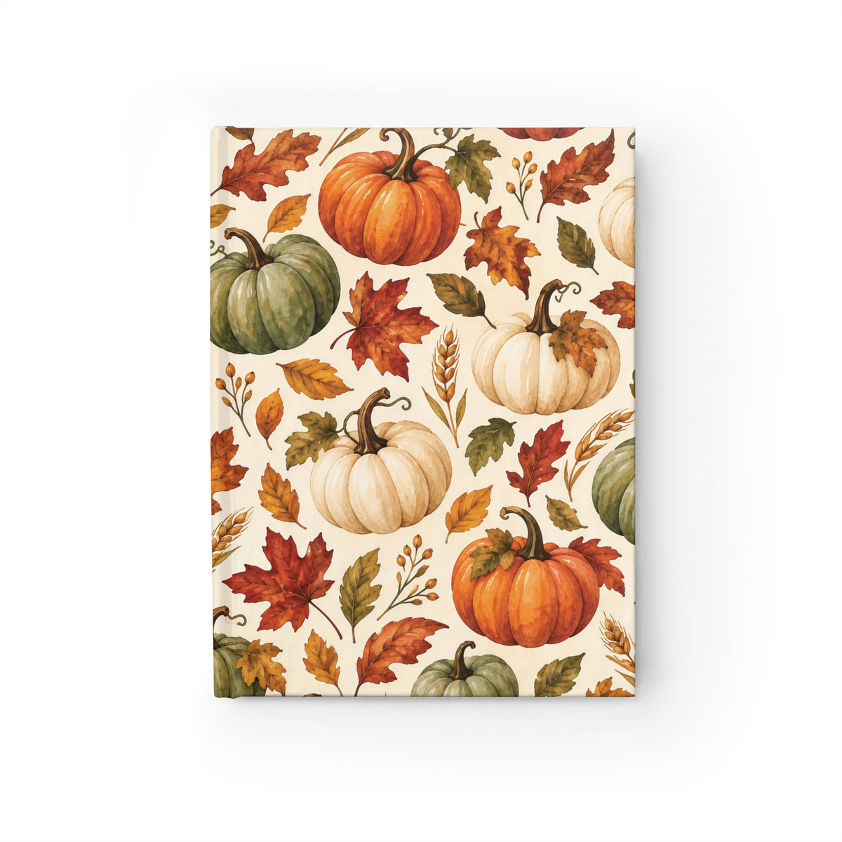 Autumn Pumpkins lined journal with watercolor orange pumpkins and fall leaves on a matte hardcover