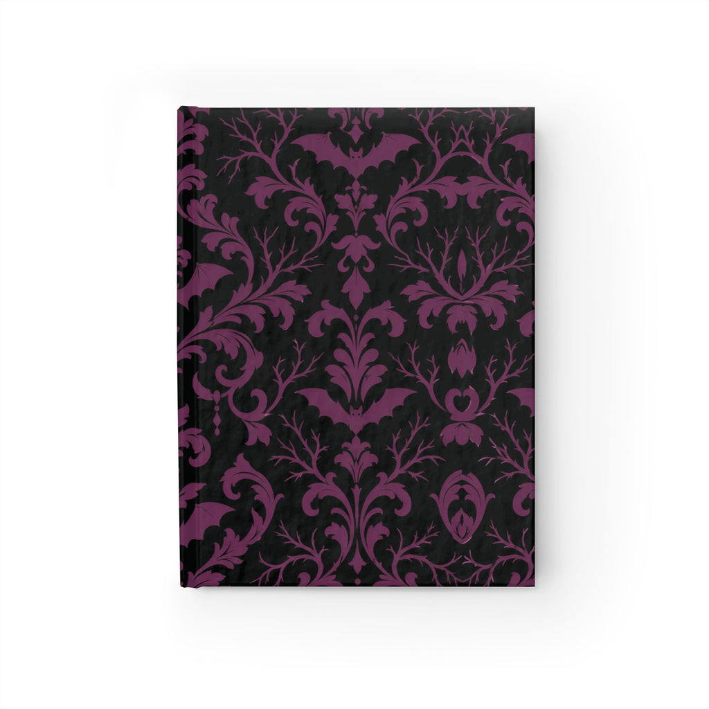 Gothic Damask lined journal with plum damask pattern and hidden bats on a black matte hardcover