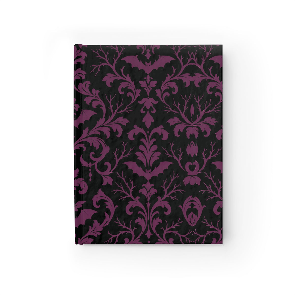 Gothic Damask lined journal with plum damask pattern and hidden bats on a black matte hardcover