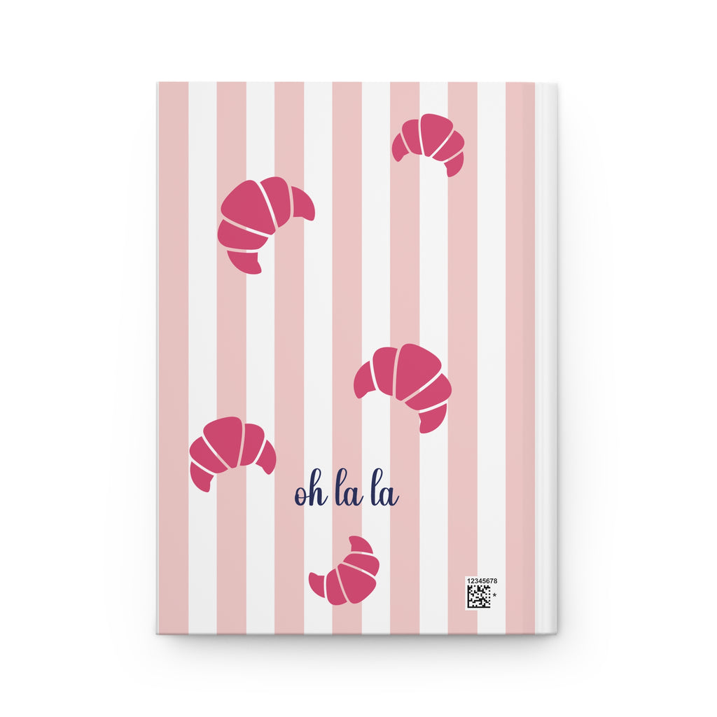 Back cover of the Bonjour Beautiful journal with red croissants and oh la la on pink and white stripes