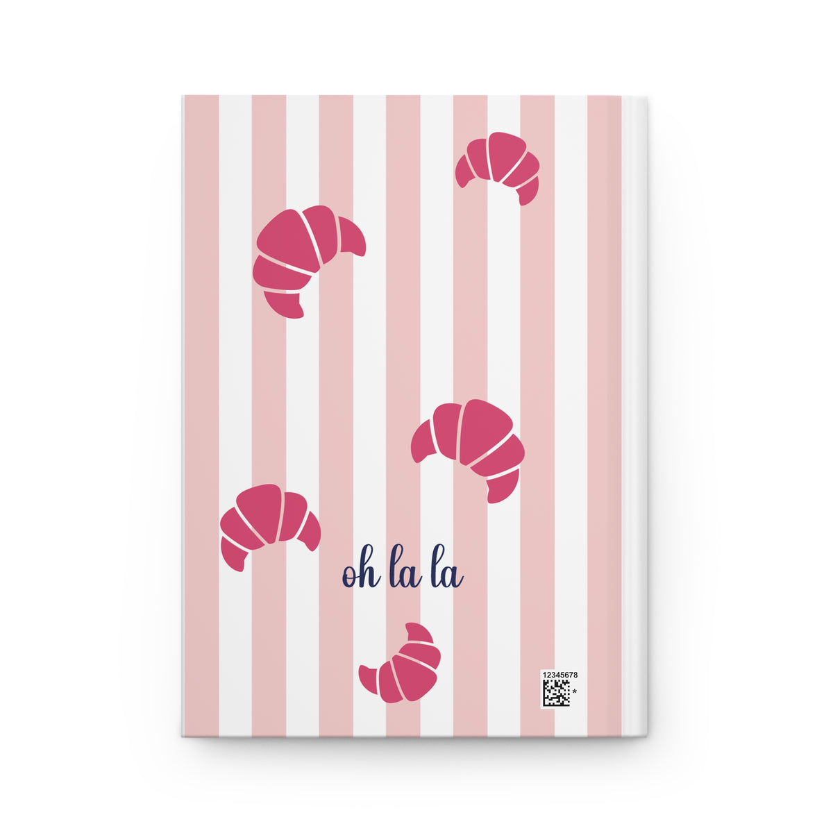 Back cover of the Bonjour Beautiful journal with red croissants and oh la la on pink and white stripes
