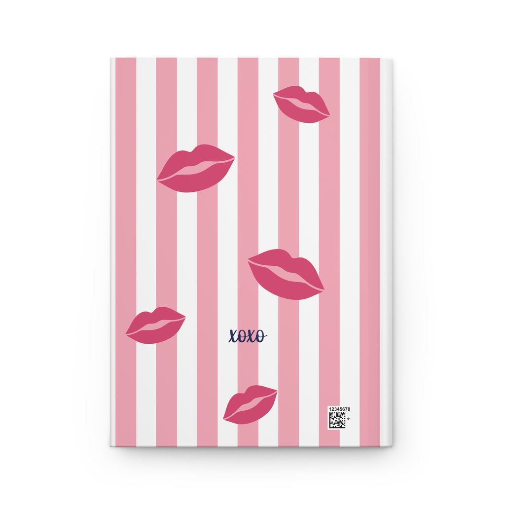 Back cover of the Oh La La journal with scattered red lips on pink and white stripes