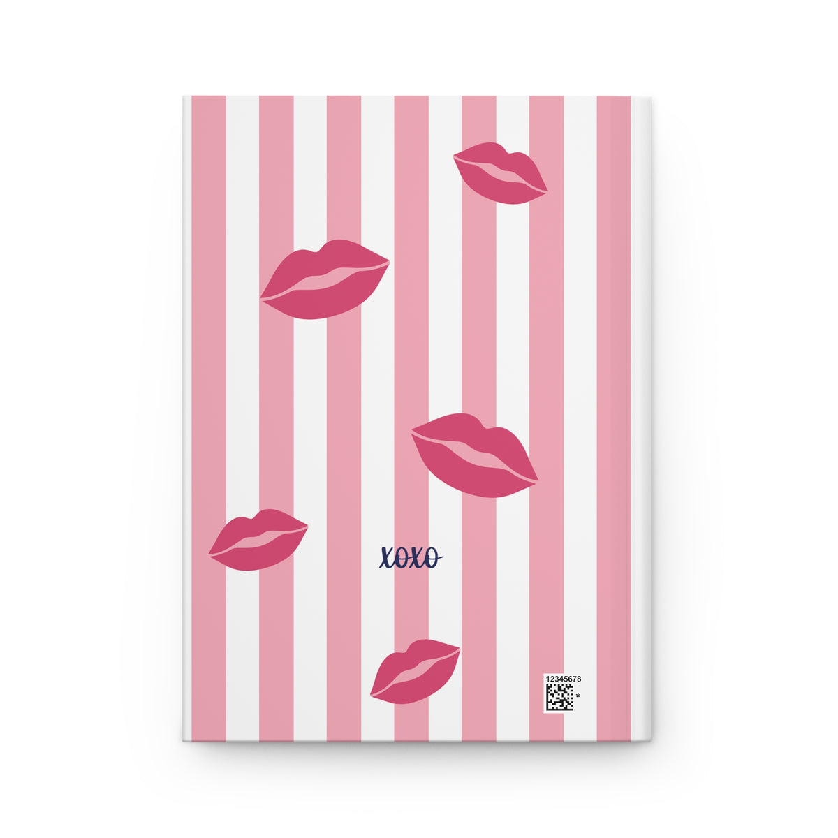 Back cover of the Oh La La journal with scattered red lips on pink and white stripes