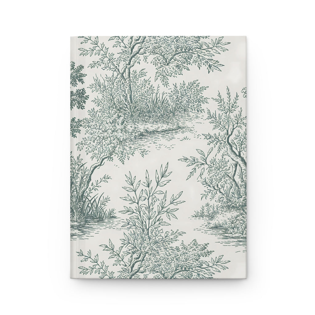 Green Toile de Jouy journal with a sage green forest and river landscape on a cream hardcover