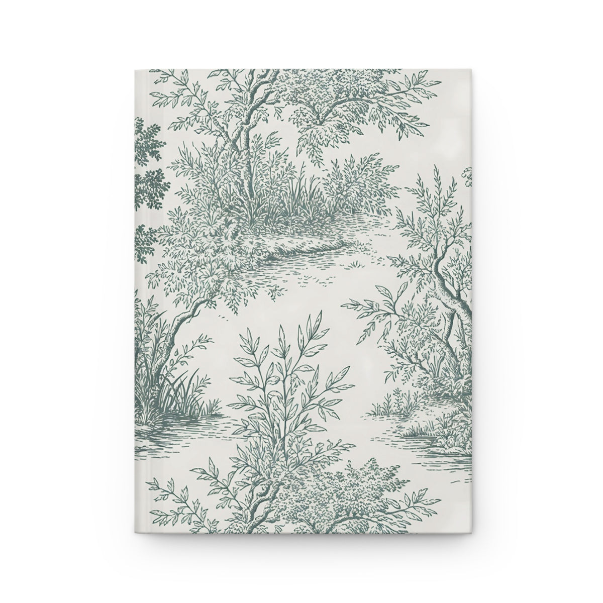 Green Toile de Jouy journal with a sage green forest and river landscape on a cream hardcover