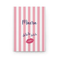 Oh La La personalized journal with pink and white stripes, a name in black script, oh la la lettering and red lips