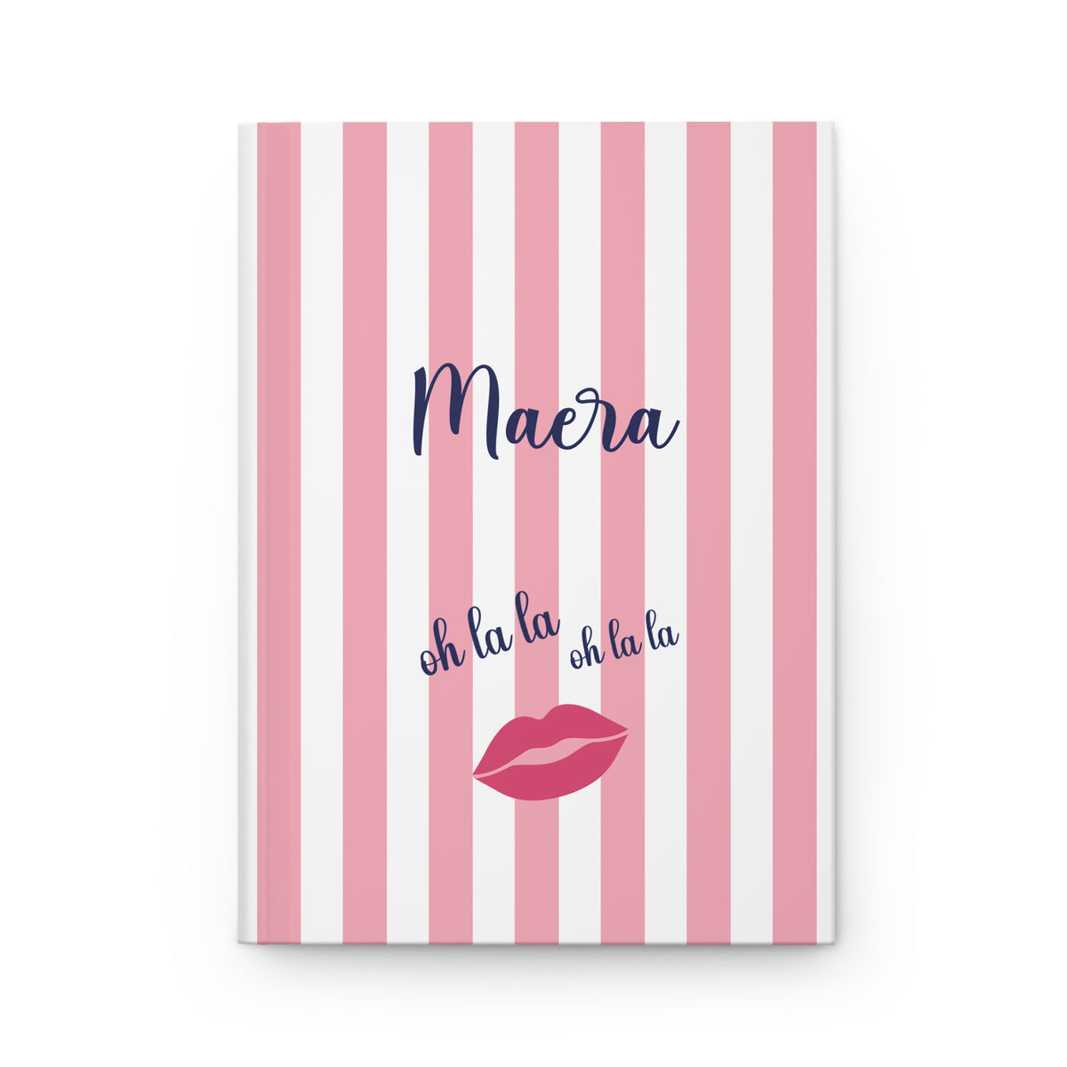 Oh La La personalized journal with pink and white stripes, a name in black script, oh la la lettering and red lips
