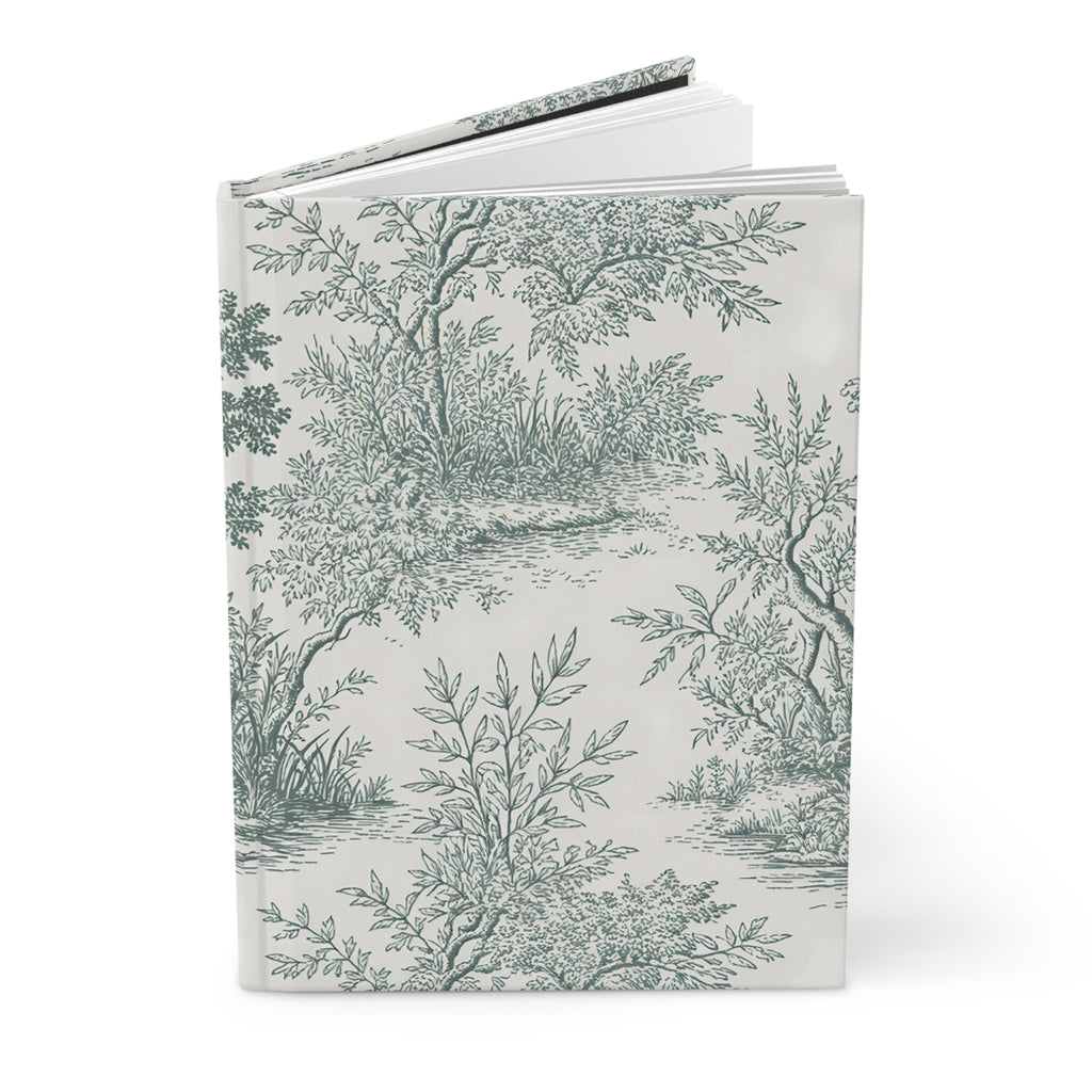 Green Toile de Jouy forest landscape hardcover journal standing upright