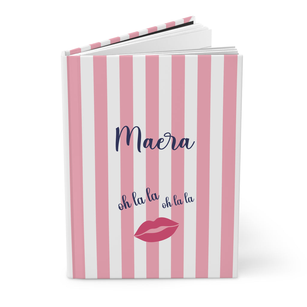 Oh La La pink striped hardcover journal standing upright with personalized name and red lips