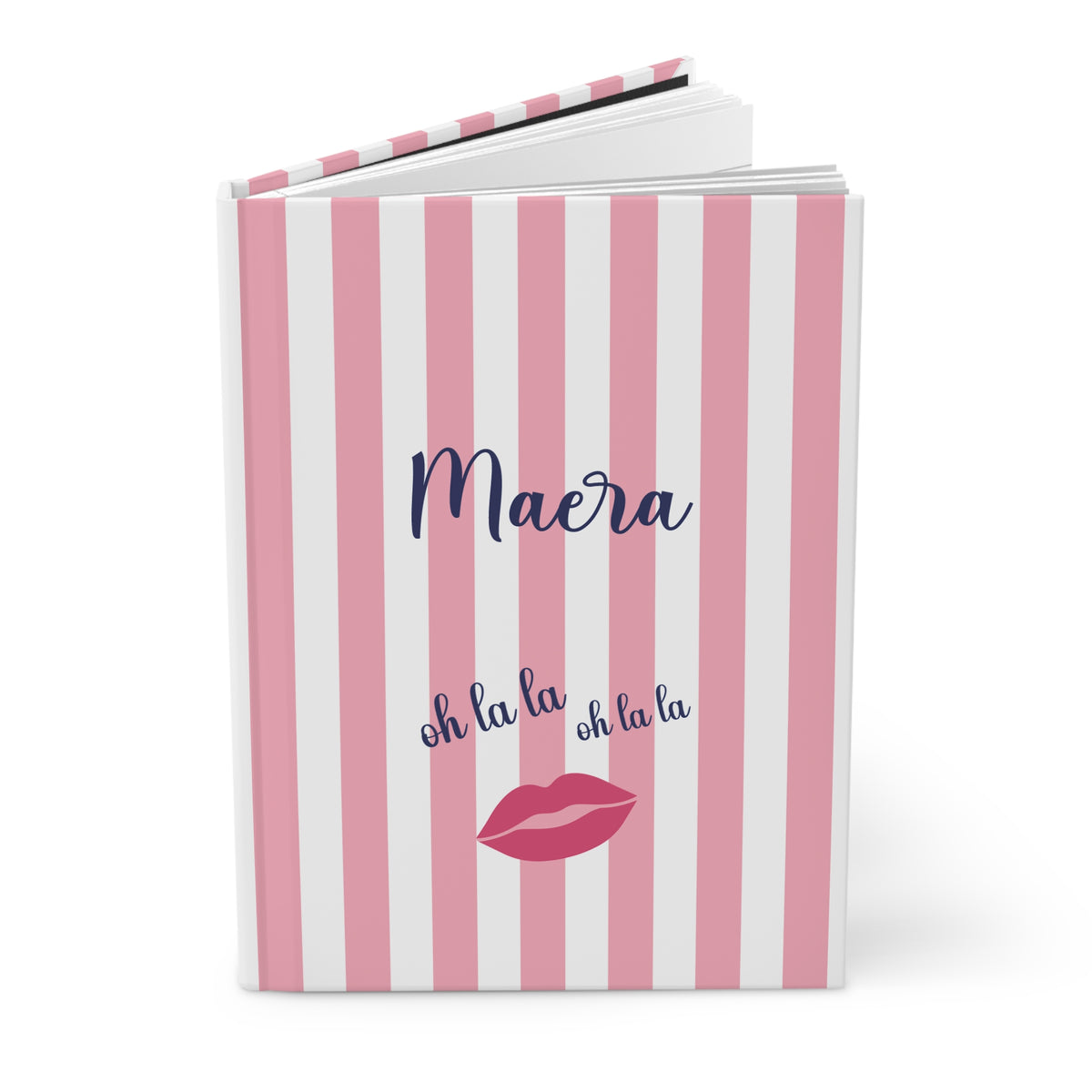 Oh La La pink striped hardcover journal standing upright with personalized name and red lips