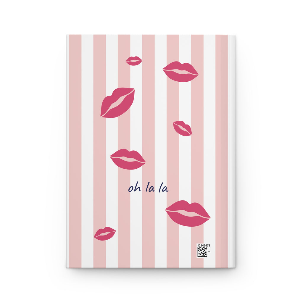 Back cover of the Freaking Beautiful journal with red lips and oh la la on pink and white stripes
