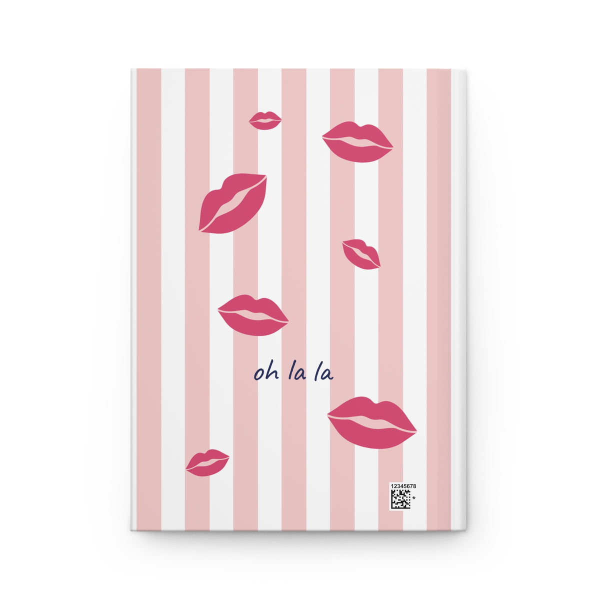 Back cover of the Freaking Beautiful journal with red lips and oh la la on pink and white stripes