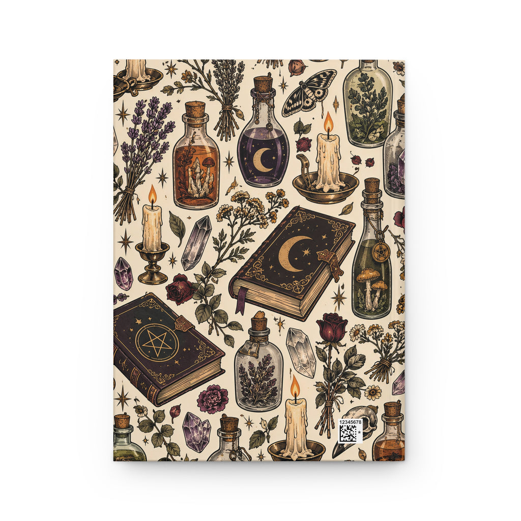 Back cover of the apothecary journal with a crescent moon spell book, potion bottles, roses and candles, plus a small production barcode at the bottom right