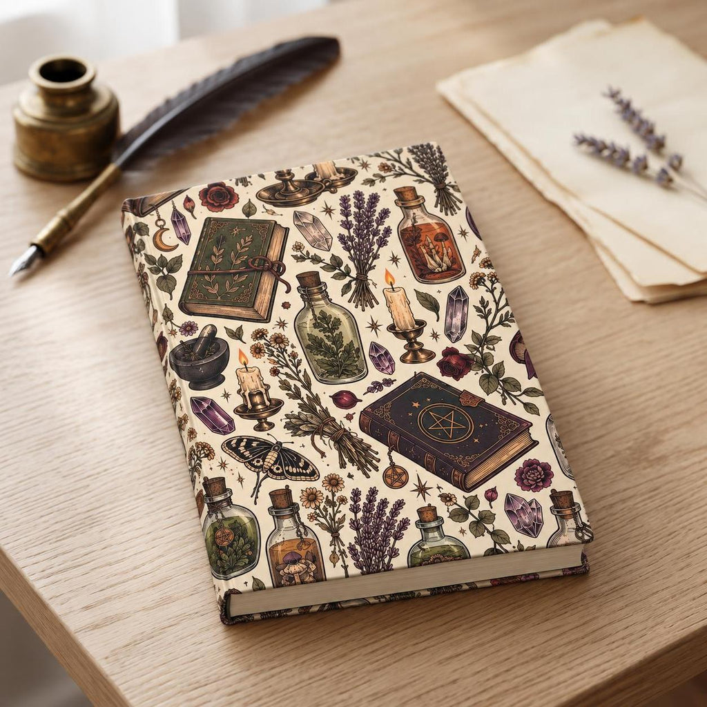 Apothecary pattern hardcover journal on a wooden desk beside an inkwell and a feather quill