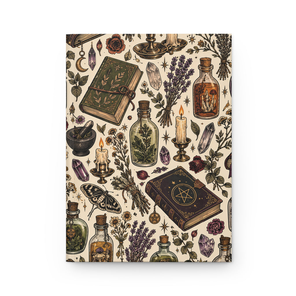 Apothecary pattern lined journal cover with potion bottles, spell books, lavender, candles and moths on a cream background
