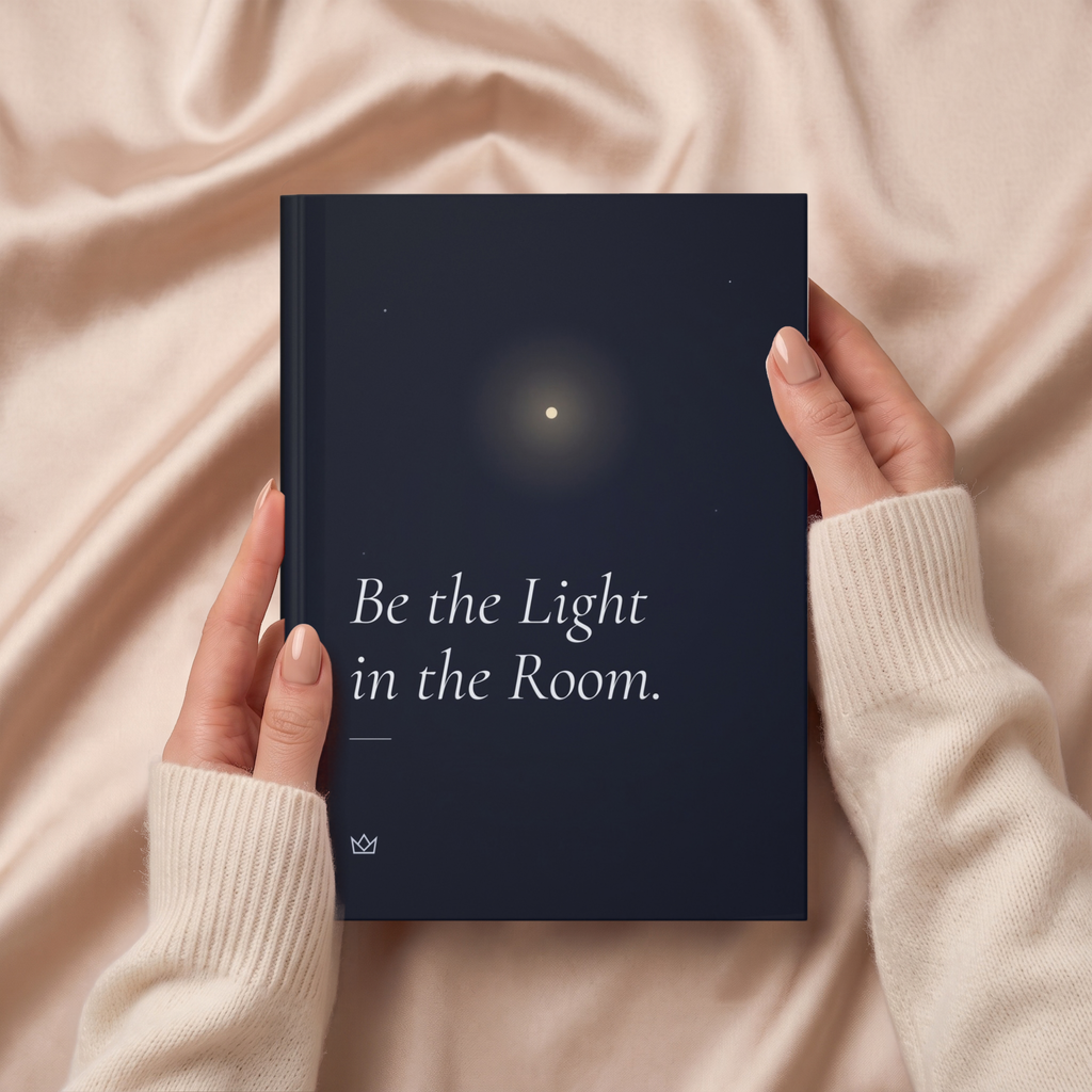 Hands holding the night-blue Be the Light in the Room journal over soft beige fabric