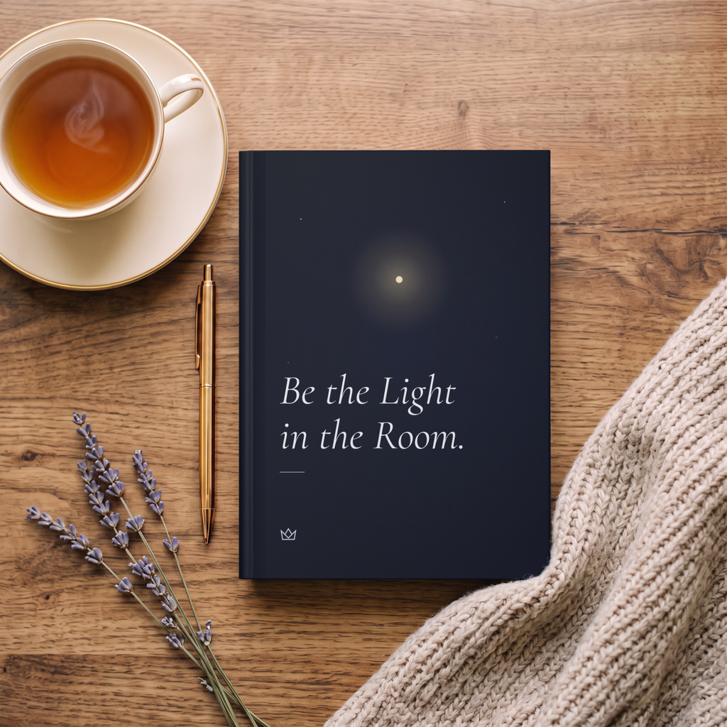 Night-blue Be the Light in the Room journal on a wooden table with a cup of tea, dried lavender and a knit sweater