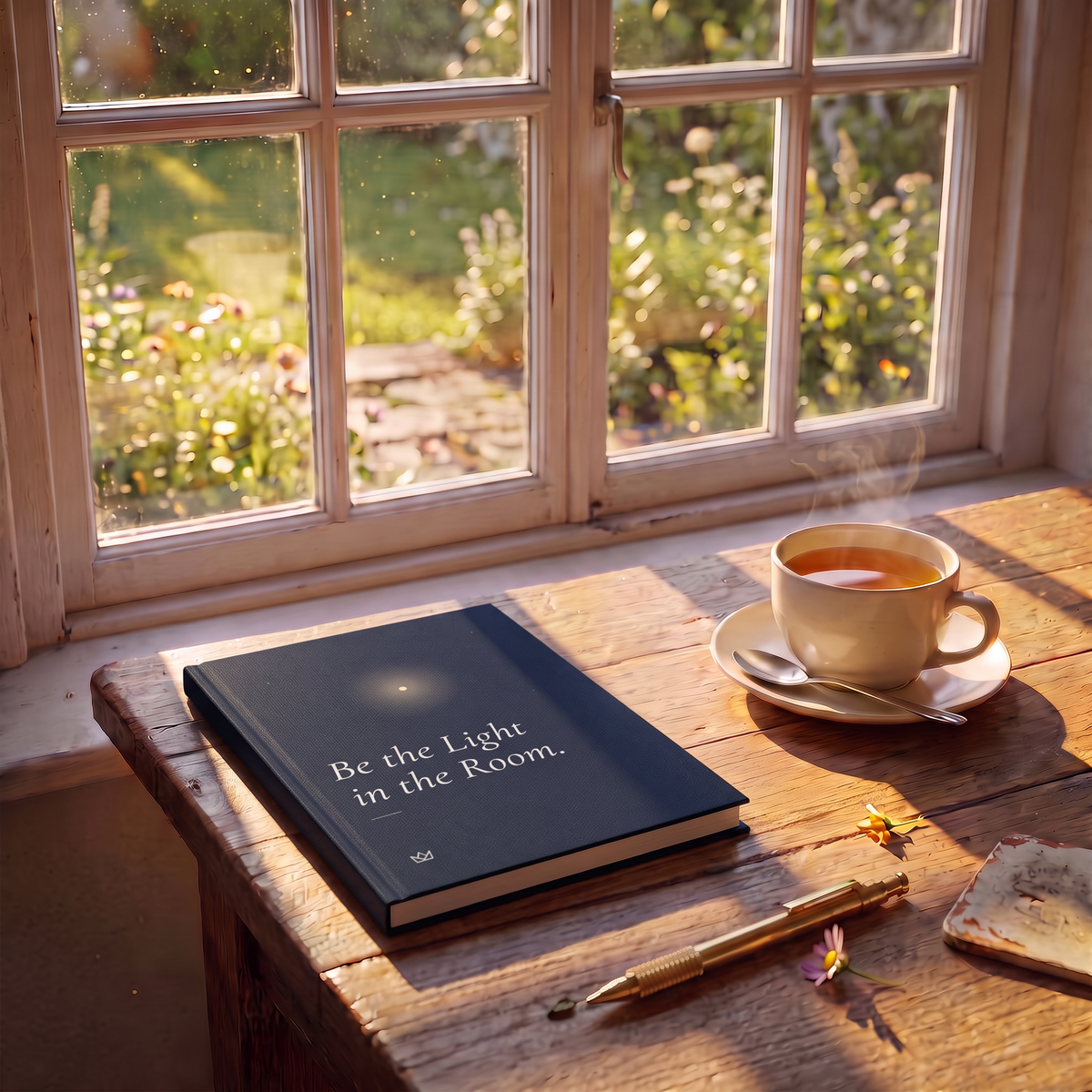 Be the Light in the Room journal on a wooden table by a sunny window with a cup of coffee