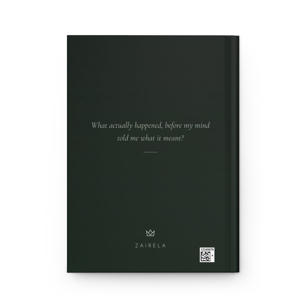 Back cover of the Before the Story journal with the italic question What actually happened, before my mind told me what it meant?, a crown and ZAIRELA, plus a small production barcode