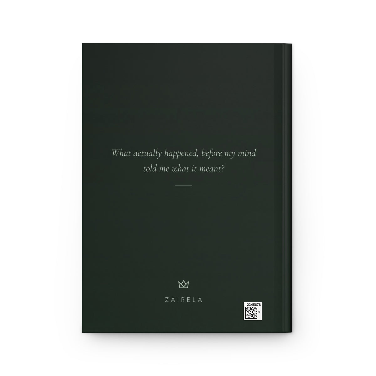 Back cover of the Before the Story journal with the italic question What actually happened, before my mind told me what it meant?, a crown and ZAIRELA, plus a small production barcode