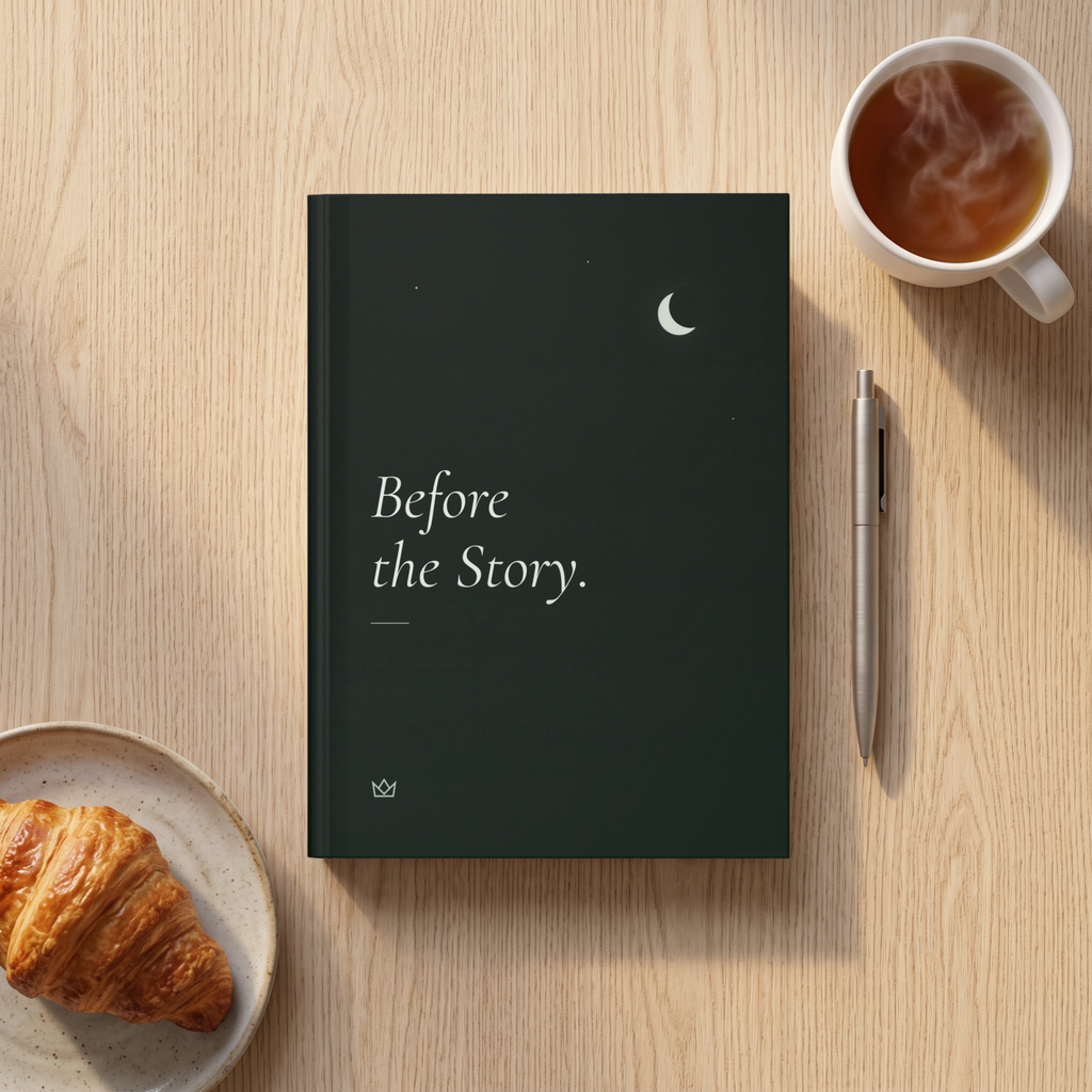 Forest-green Before the Story journal on a breakfast table with a croissant, a cup of tea and a pen