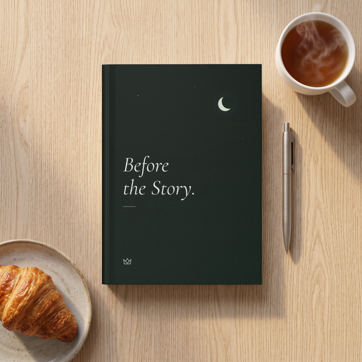 Forest-green Before the Story journal on a breakfast table with a croissant, a cup of tea and a pen