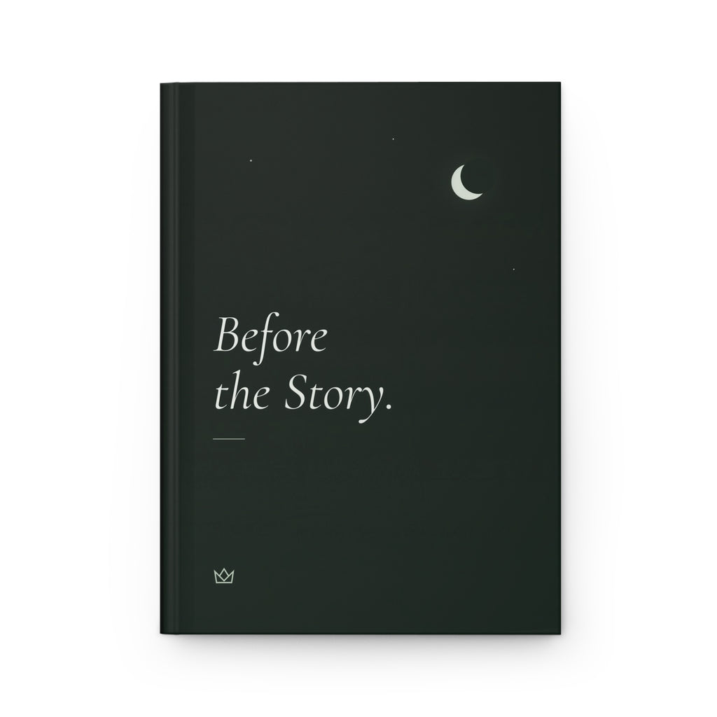 Front cover of the Before the Story. self reflection journal: forest-green hardcover with a crescent moon, small stars and soft italic title