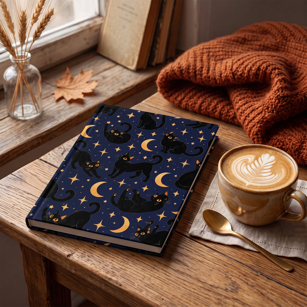 Cats and Moon midnight-blue celestial journal, 5x7 ruled hardcover notebook — photo 2