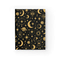 Celestial Mystic journal cover with gold moons, planets, suns and stars on matte black