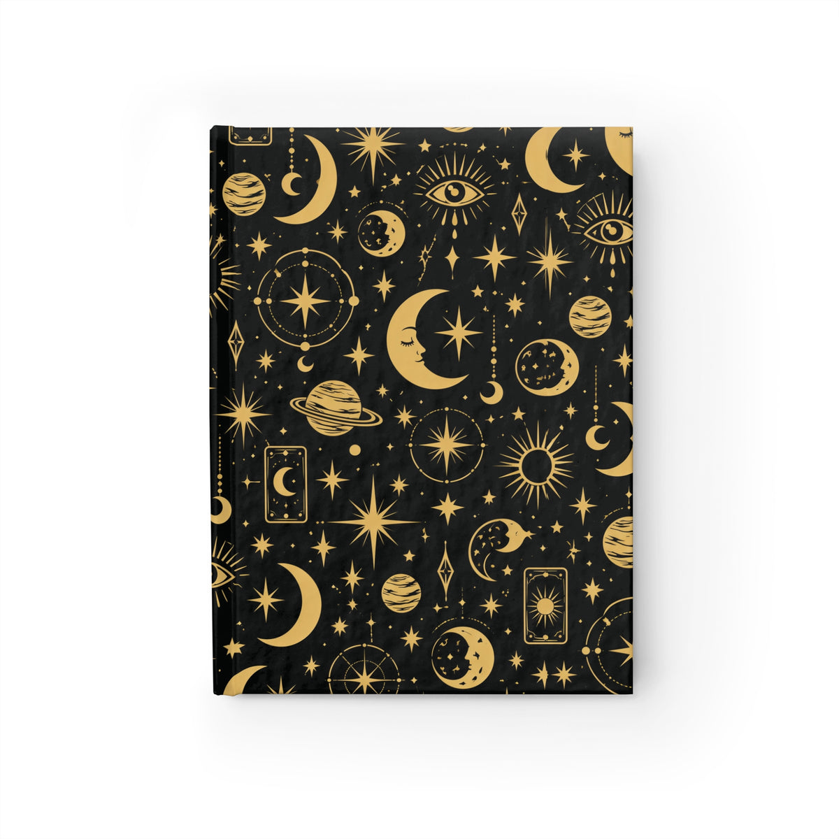 Celestial Mystic journal cover with gold moons, planets, suns and stars on matte black